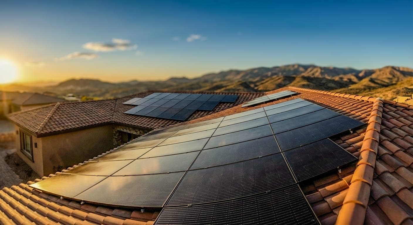 Paneles solares instalados en techo con vista a montañas
